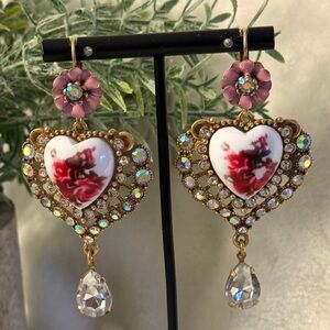 Victorian Style Floral Heart Drop Earrings with Rhinestones